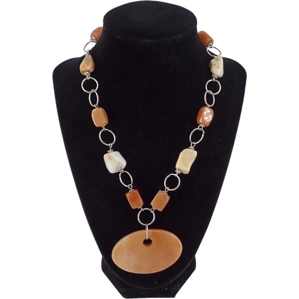 Chunky Statement Carmel Quartz Stone Pendant Single Strand Silver Link Necklace